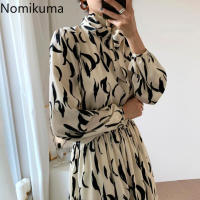 Nomikuma Stand Collar Bow Knot Lace Up Elegant Dress Women Slim Waist Long Sleeve Printed Maxi Dresses Vestidos Mujer 3c618