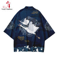 Youzi เสื้อเสื้อคาร์ดิแกน Kimono สไตล์ญี่ปุ่นสำหรับผู้ชาย,เสื้อพิมพ์ลายย้อนยุคสำหรับผู้หญิงแขนสามส่วนทรงหลวมป้องกันแสงแดด