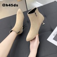 Womens Shoes 2022 New Pointy Cat Heel Short Boots Womens Versatile High-heeled Shoes Womens Autumn Thin Heels Fashion Plush Thin Bare Boots Women