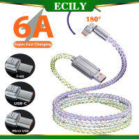 ECILY สายที่ชาร์จไฟรวดเร็ว USB ซุปเปอร์ชนิด C 180 ° สายไมโคร USB แสง RGB หมุนได้6A สำหรับ I-Phone 15 14 13 12 Samsung สมาร์โฟน Xiaomi Oneplus สายข้อมูล LG