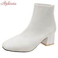 Aphixta 2022 Diamond Square Heels Socks Boots Women Beige Stretch Fabric Elastic Short Ankle Boots Shoes Woman Boats