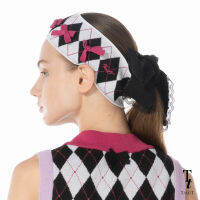 TandT - "LITTLE ROLLY" BOW-EMBROIDERED COLOR BLOCKED CHECKED HEADBAND ผ้าคาดผม ทอลายหมากรุกขาว-ดำ ตกแต่งโบว์สีม่วง