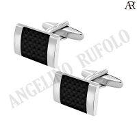 ANGELINO RUFOLO Cufflink(คัฟลิงค์) ดีไซน์ Dimension Square กระดุมข้อมือคัฟลิ้งโรเดียมคุณภาพเยี่ยม ตัวเรือนสีเงิน ประดับตกแต่งด้วย Carbon Fibre สีดำ