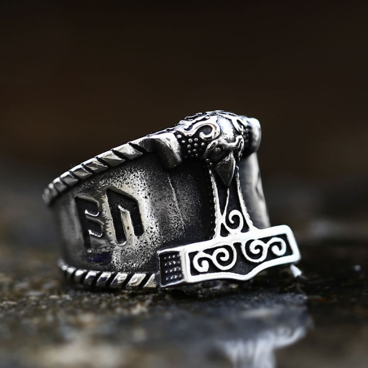 teel soldier Son of Odin Hammer Biker Ring Viking Mens Mjolnir Stainless Steel Rune Amulet Rings Norse Jewelry Gift
