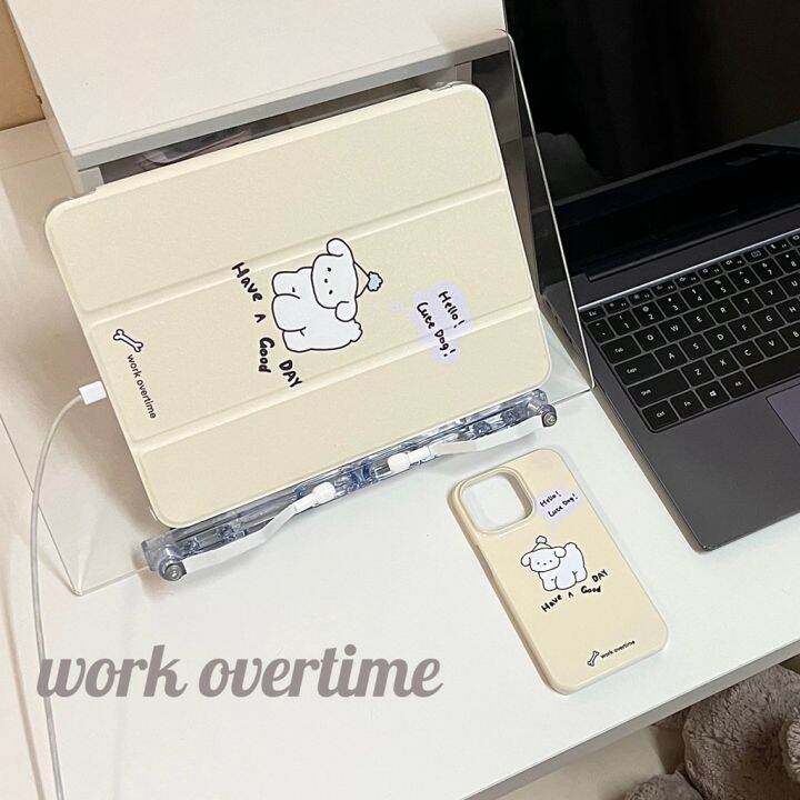 พร้อมส่ง-เคสไอแพด-gen9-air5-gen10-ลูกสุนัข-workovertime-ที่ใส่ปากกา-ครีม-น่ารัก-เคส-ipad-gen8-air4-case-ipad-pro11-2021