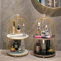 Gold Creative สไตล์นอร์ดิกเดสก์ท็อปชั้นวางเครื่องสำอางหรูหรา Wrought Iron Bird Cage Rack ห้องอาบน้ำ Skin Care Organizer คอนเทนเนอร์