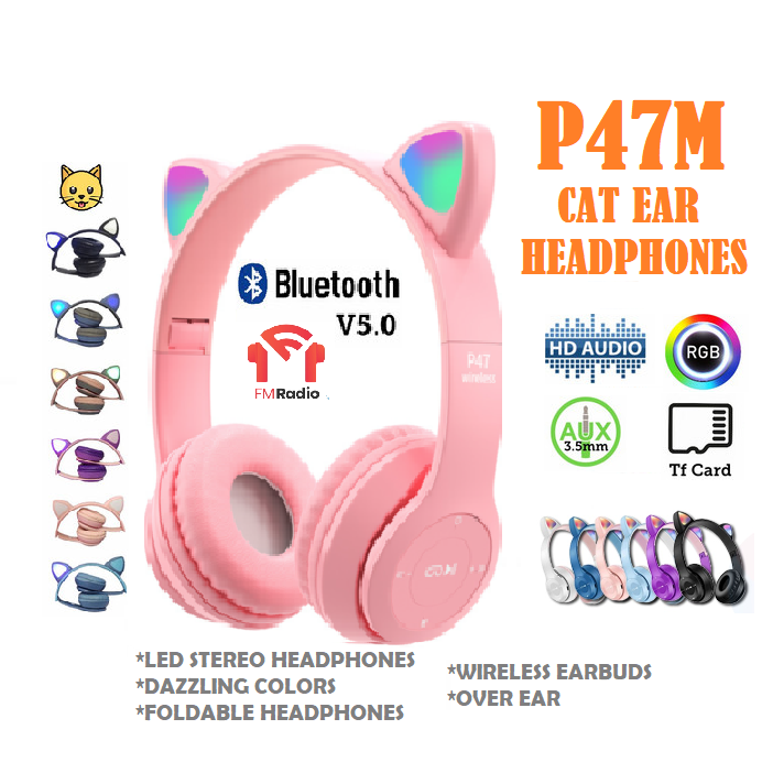 P47M Cat Ear Headphones Macarons Color with RGB LED Light HiFi Wireless