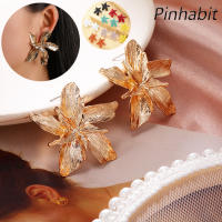 Pinhabit ต่างหูดอกไม้โลหะแนววินเทจขนาดใหญ่สำหรับผู้หญิงสีทองเงินรูปทรงเรขาคณิตต่างหูเครื่องประดับ Broncos แฟชั่น