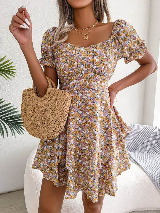 women-casual-floral-print-short-sleeve-slim-waist-ruffles-a-line-dress-summer-clothing