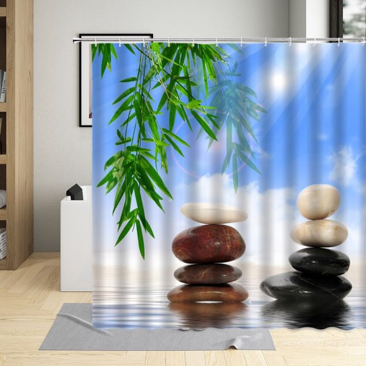 zen-stone-with-hooks-bathroom-curtains-bamboo-purple-flower-candle-printing-bathtub-decor-waterproof-shower-curtain-screen