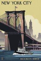 ✔ New York City - Brooklyn Bridge โดยโคมไฟ Vintage Travel Art ฟิล์มพิมพ์ผ้าไหมโปสเตอร์ Home Wall Decor 24x36inch