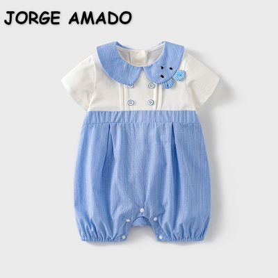 ฤดูร้อนใหม่เด็กทารก Romper แขนสั้น er Pan Collar สีฟ้าสีขาว Patchwork Jumpsuit ทารกสุภาพบุรุษเสื้อผ้า E22515