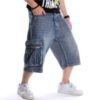 Summer Mens Loose Multi Pockets Cargo Denim Shorts Hip Hop Wide Leg Jeans Street Skateboarding Capris Shorts Plus Size 44 46