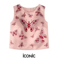 iCONiC MANY PINK BUTTERFLY PAINTING TOP #5304 เสื้อแขนกุด ผ้าไหม พิมพ์ลาย ดอกไม้ อก34" ยาว18" เอว33" เสื้อผญ เสื้อแฟชั่น เสื้อไฮโซ เสื้อผ้าไหม เสื้อครอป