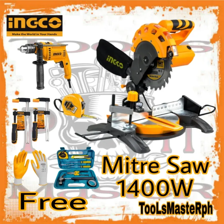 INGCO 1400W Mitre Saw 210mm/81/4" BMS14007 Free Impact Drill 680w, 5m