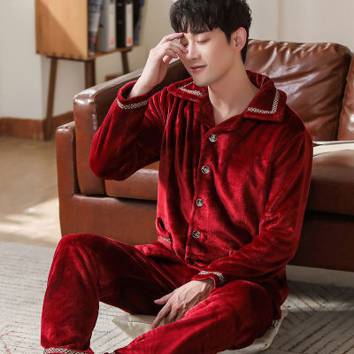 Winter Thick Warm Soft Flannel Pajama Sets for Men Lovers Couple Long Sleeve Coral Velvet Sleepwear Suit Loungewear Homewear