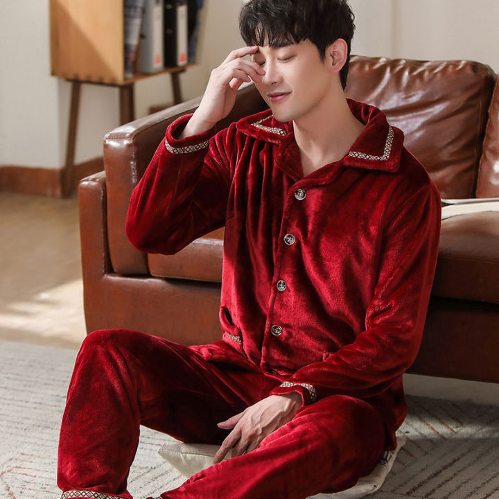 Men's Winter Thicken Warm Flannel Pajamas Sets Male Long Sleeve
