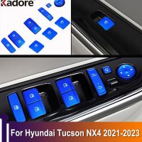 แต่งรถปิดฝาปุ่มสวิตช์ยกหน้าต่างประตูภายในสีฟ้าสำหรับ Hyundai Tucson NX4 2021 2022 2023