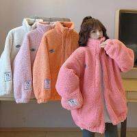 HOT14★Korean Style Loose Plush Jacket Women 2023 Winter Zipper Up Lamb Wool Coat Woman Pink Santd Collar Warm Overcoat Femme Top