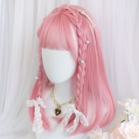 DIFEI Synthetic Long Straight Hair Ombre Pink Wig Band Bangs Natural Heat Resistant Party Woman Lolita Wig Anime Wig Cosplay Wig  Hair Extensions Pads