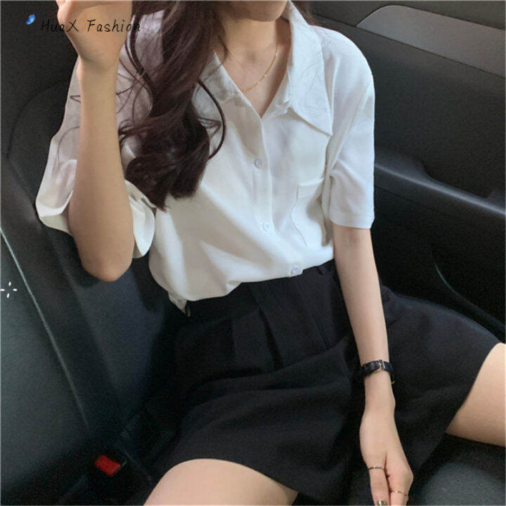huax-เสื้อผู้หญิง-retro-lapel-lady-plain-ชีฟองแขนสั้นเสื้อ
