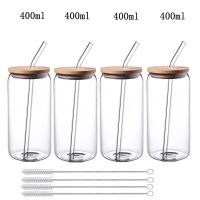 Straw Cup Glasses With Bamboo Lids And Glass Straw Reusable Drinking Glasses Can Shaped Glass Cups For Beer Iced Coffee Cocktail