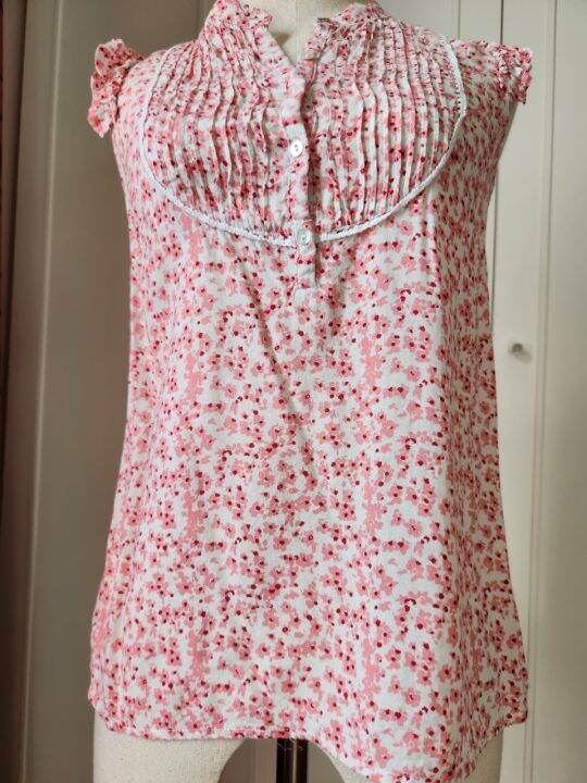 เสื้อ-blouse-แขนกุด-ลายดอก-สีชมพู-คอจีน-มือสอง-มือ-2-ตรุษจีน