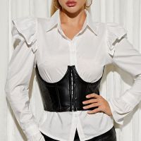 Women Corset Waist Belt Black Stitching Zipper PU Leather Sexy Wide Elastic Tie Belt Sling Tops