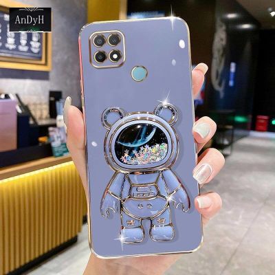 AnDyH Phone Case OPPO A15/A15S/A35 6DStraight Edge Plating+Quicksand Astronauts who take you to explore space Bracket Soft Luxury High Quality New Protection Design