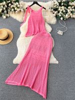 Hot sell SINGREINY Fashion Knitting Two Pieces Suits Hollow Out Spaghetti Strap Camisole High Waist Bodycon Long Skirt Korean Style Sets