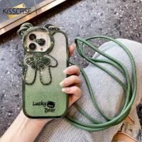 KISSCASE กับ Crossbody เคสโทรศัพท์กากเพชรไล่ระดับสีสายคาดที่คล้องสำหรับ Iphone 15 14 13 12 11 Pro Max 14 Plus ชุบกับหมีขาตั้งเลนส์ฝาครอบด้านหลังกันกระแทก TPU นิ่มป้องกันทุกสัดส่วนสำหรับ Iphone 15 14 13 12 11