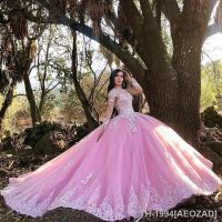 ▫♧♀ AEOZAD Lindo vestido Quinceanera com flor gola O mangas compridas aplique de renda doce concurso festa aniversário 15 16 anos 2024