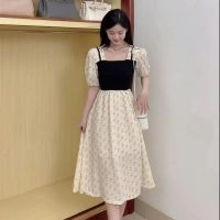 เสื้อผ้าแฟชั่นสำหรับสุภาพสตรี False two square collar broken beautiful dress long waist receive little senior feeling tender love chiffon skirt