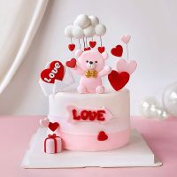 Pink Bear with bow heart shape Love You Cake Topper for Valentines Day Party Decorations Anniversary Baking Supplies Love Gifts
