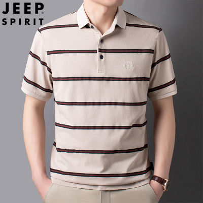 JEEP SPIRIT Mens POLO Shirt Summer New Business Casual Lapel Striped Short-sleeved T-shirt Thin Cotton Striped POLO Shirt