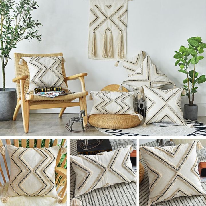 nordic-style-boho-throw-pillow-case-woven-tufted-geometric-striped-cotton-cushion-cover-shell-with-tassel-for-couch-sofa