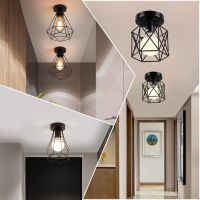 ZZOOI E27 Retro Iron Ceiling Light Black Vintage Loft Decoration Industrial Metal Cage Hanging Ceiling Lamp for Corridor Aisle Balcony