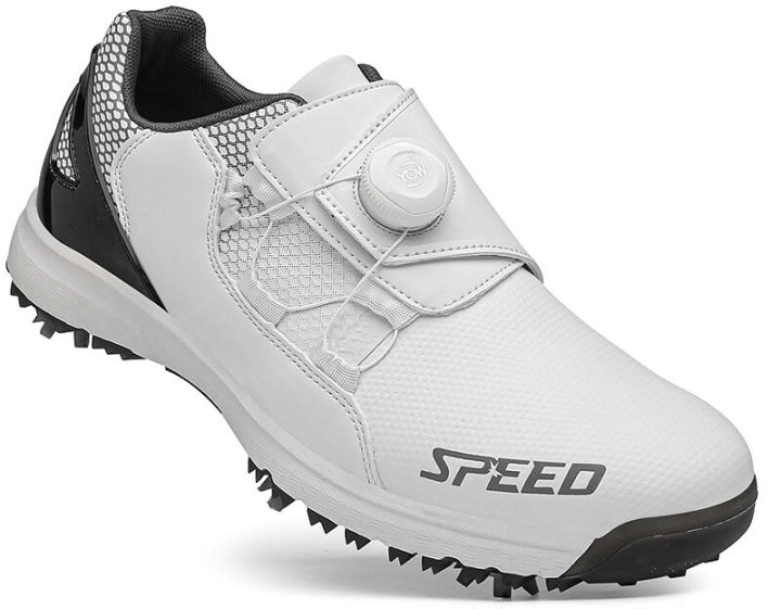 รองเท้ากอล์ฟสำหรับมืออาชีพของผู้ชาย-รองเท้าผ้าใบสนีกเกอร์เล่นกอล์ฟสีขาวสีดำกันน้ำ