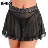 【CC】 Womens Waistband See-through Mesh Frilly Skirt Cover Ups Beachwear Color Waist Miniskirt with G-string