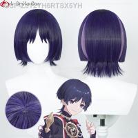 สืบราชการลับ✁♤Alta Qualidade Genshin Impacto Scaramouche Cosplay Peruca 30Cm Azul Roxo Preto Anime Perucas Resistente Ao Calor Festa Boné