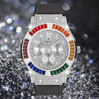 Iced Out Bling Diamond Luxury Silver Watch Men Black Rubber day-date Mens WristWatch Waterproof Male Clock Relogio Masculino