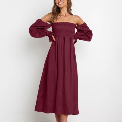 Hot sell Women Eleagnt Strapless Long Dress Summer Puff Sleeve Square Neck Smocked Dress Solid Color Ruffle Flowy Swing Midi Dresses