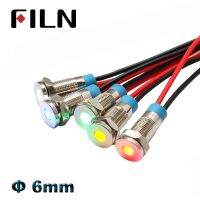 FILN แผงหน้าปัดนำร่อง LED โลหะขนาดเล็ก6มม. 12V ไฟเตือนไฟระบุสัญญาณสายเคเบิลขนาด14ซม. ไฟนำร่องรถและเรือเดินสมุทรชุบโครเมี่ยม