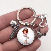 hot【DT】☎  New/high quality 1 piece nurse medical syringe stethoscope image keychain glass cabochon and dome key ring pendant gift.