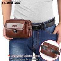 YIANG Brand High Quality Genuine Leather Mens Belt Bag Fanny Waist Packs 6-7 Inch Cell Mobile Phone Pouch Multifunctional Retro Casual Shoulder Bag For Man Money Pocket Small Messenger Bag For Men Cross Body Bags Men Hip Bum Bag Male Small Chest Bag