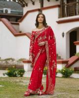 SAREE FABRIC :?Fabric : Soft Georgette  Work : Zari Sequence 3MM Work Border on Mono Fabric and Zari Sequence Patches All Over Saree And Pearl Moti Work All Over?  BLOUSE : Mono Silk With Zari Sequence Work  hapy