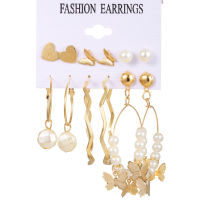 Butterfly Heart-shaped Pearl 6 Pairs of Hoop Earrings Women Gold Simple Geometric Exaggerated Gorgeous Earrings