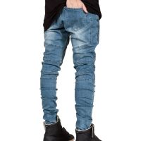 Mens Skinny Biker Jeans เดอร์รี่ Rider รถจักรยานยนต์รันเวย์กางเกงยีนส์บาง Joggers(สีน้ำเงิน)