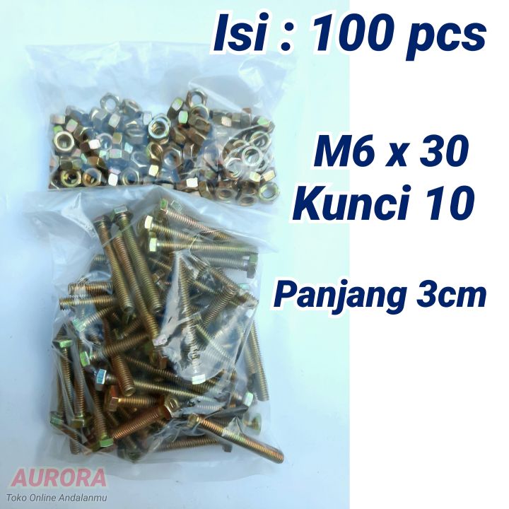 Paket Isi 100 Pcs Baut Mur M6 X 30 Kunci 10 Panjang 3cm Lazada