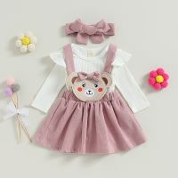 0-18M Cute Infant Baby Girls Skirt Set Fall Winter Long Sleeve Romper with Bear Suspender Skirt Bow Headband 3pcs Clothes Sets  by Hs2023